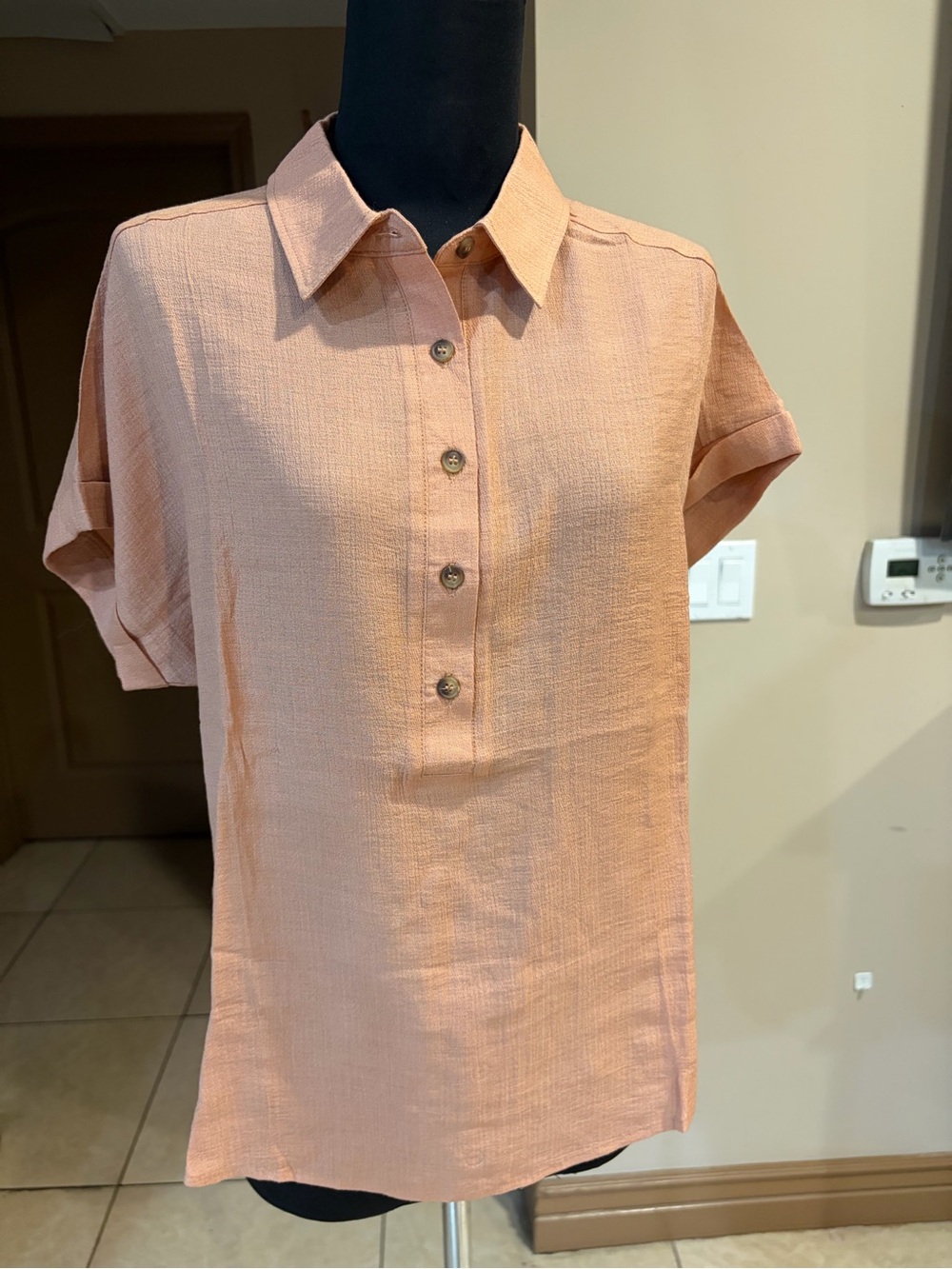 Blu Pepper Textured Short Sleeve Polo Top - Dusty Peach